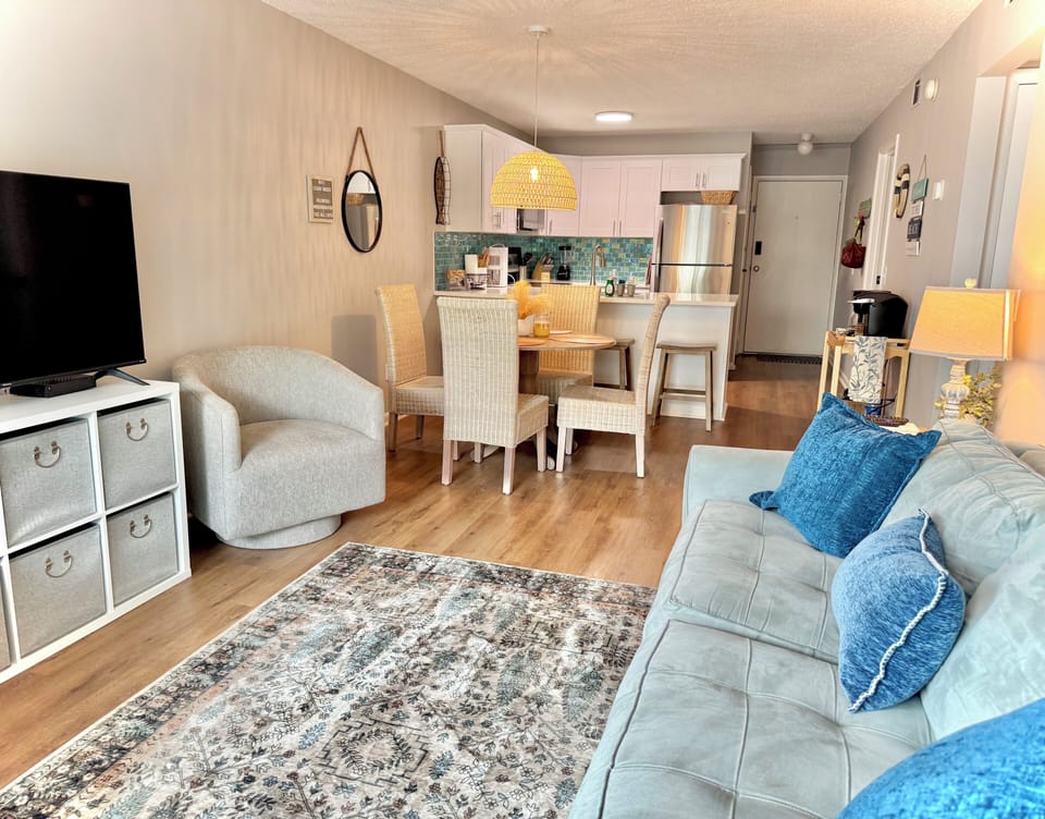 Living area with queen size pull-out couch, smart TV, games, books and toys