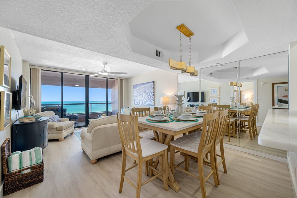 Bright and spacious open layout with beautiful ocean views and stylish dining space.