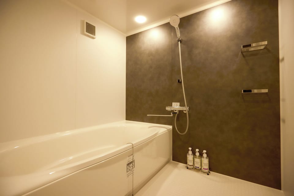 Separate tub and shower, free toiletries, hair dryer, slippers