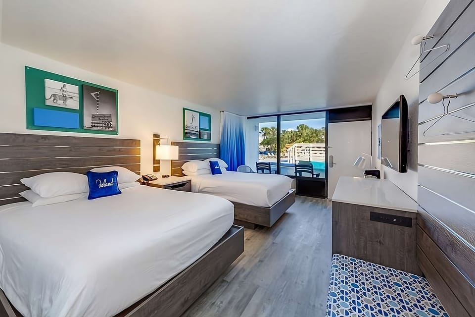 Wake up refreshed with bright beds and poolside views.