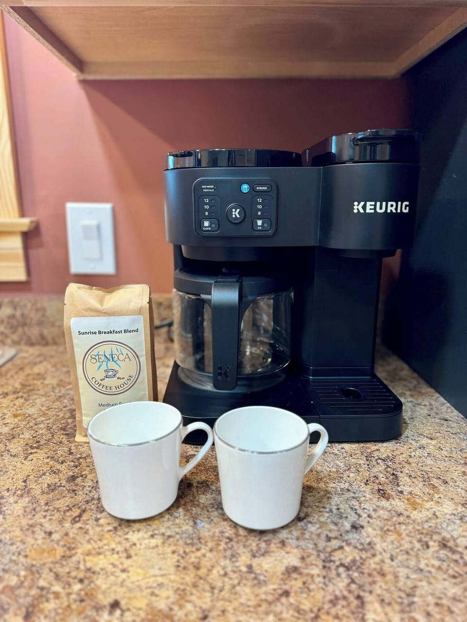 Drip Coffee or K-Cup? Start your day off right with our dual coffee maker and local coffee! 