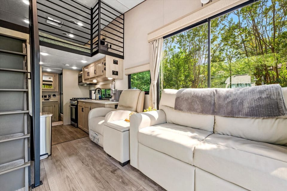 Cozy Leather Seating...steps to the kitchen