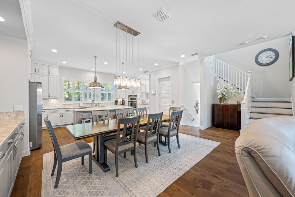 Large dining table with unique chandelier