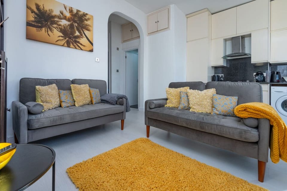Living room flows right into the kitchen.