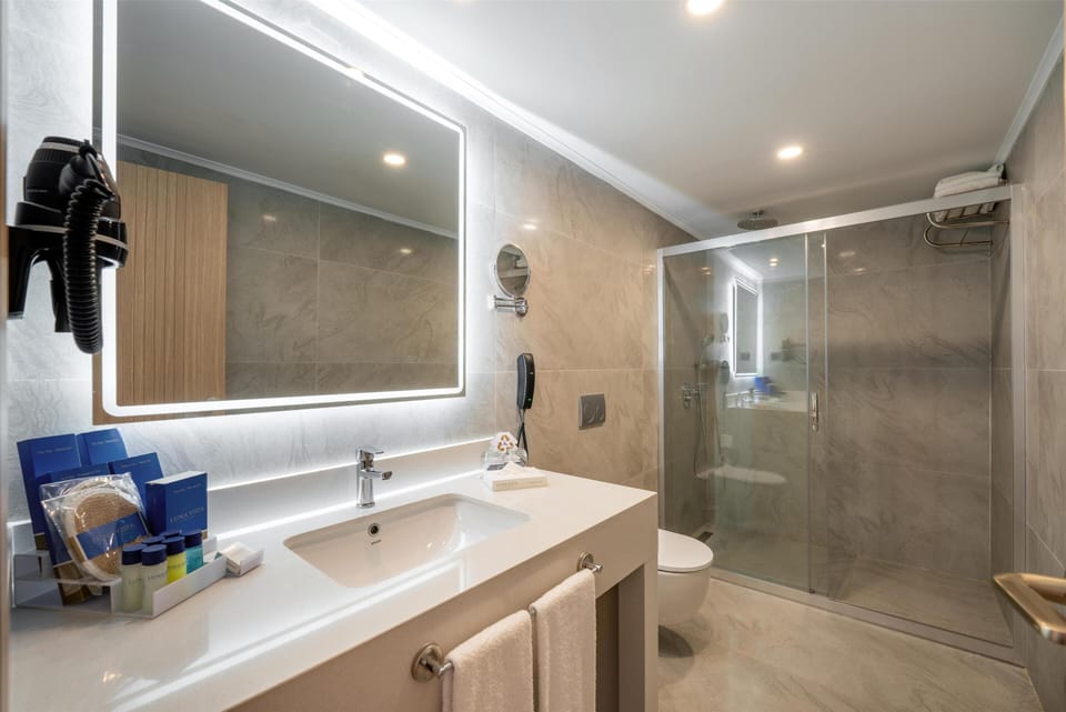 Shower, hair dryer, slippers, towels