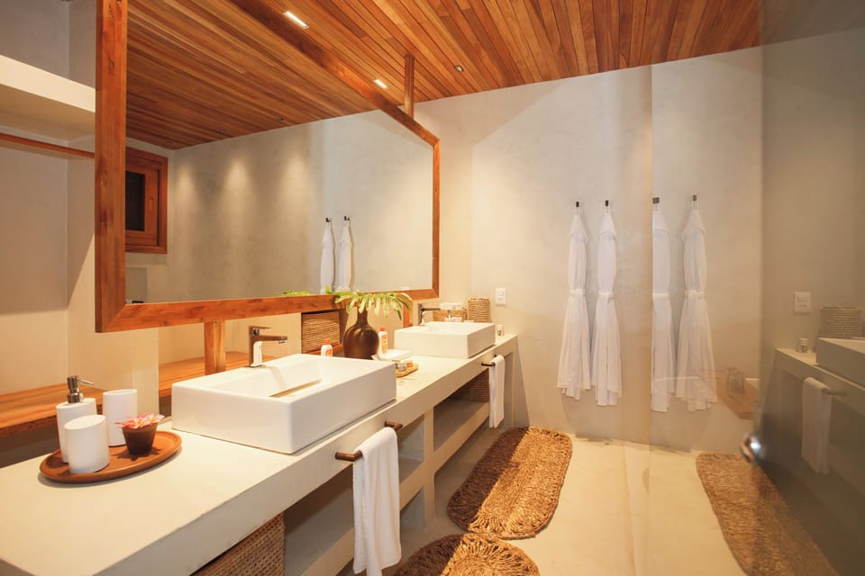 Shower, rainfall showerhead, hair dryer, bathrobes