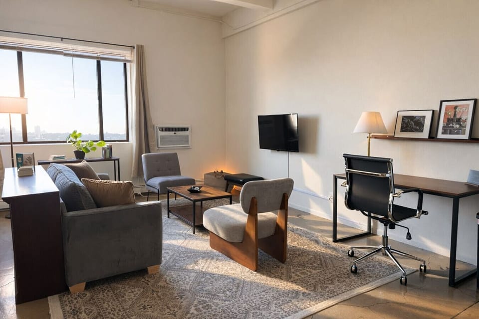 Thoughtfully laid out studio offering flexible, distinct zones for working, dining, and relaxing