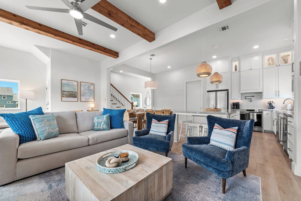 Living area is open to the kitchen and dining area.