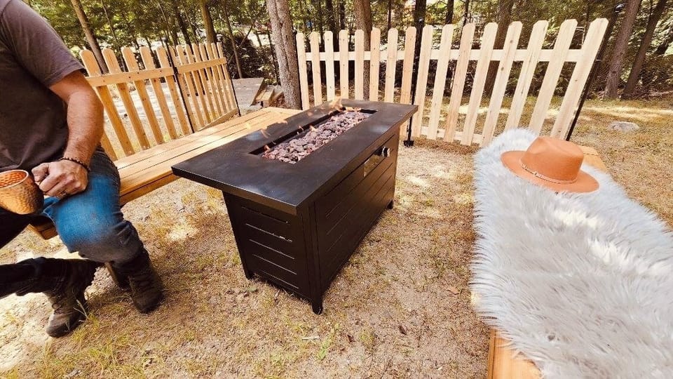 Our outdoor fire table, ring toss and grill and chill.