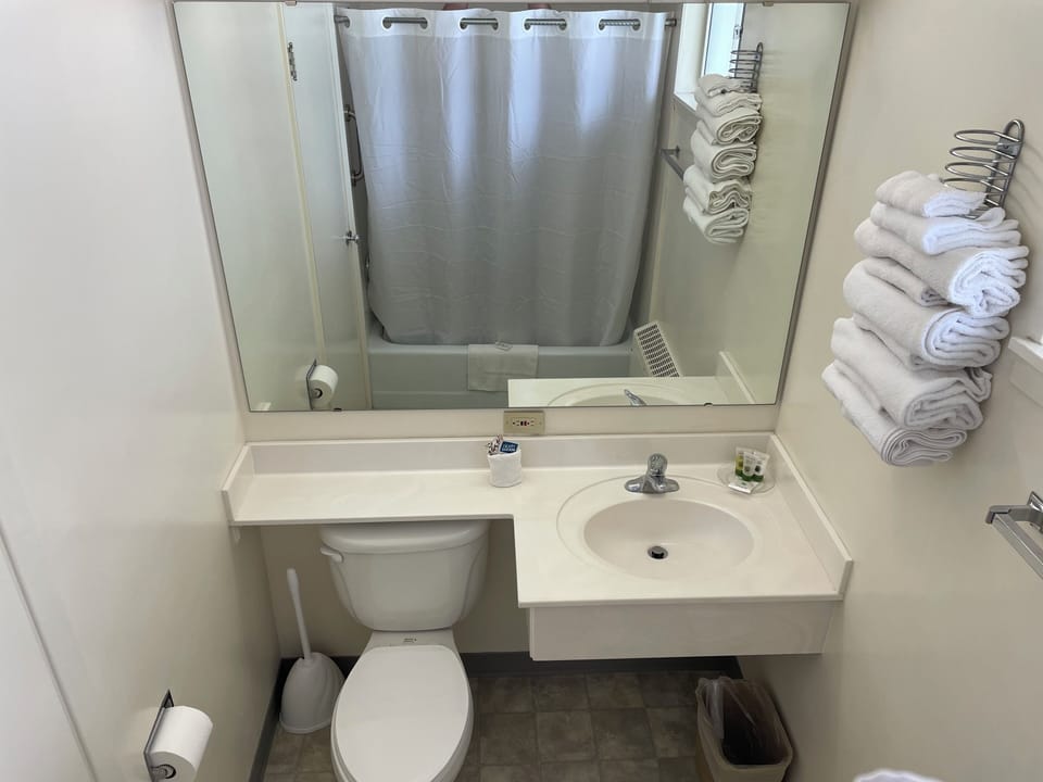 Combined shower/tub, free toiletries, hair dryer, towels