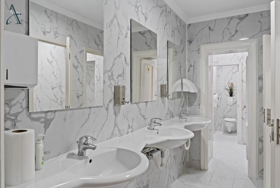 Separate tub and shower, hair dryer, towels, soap