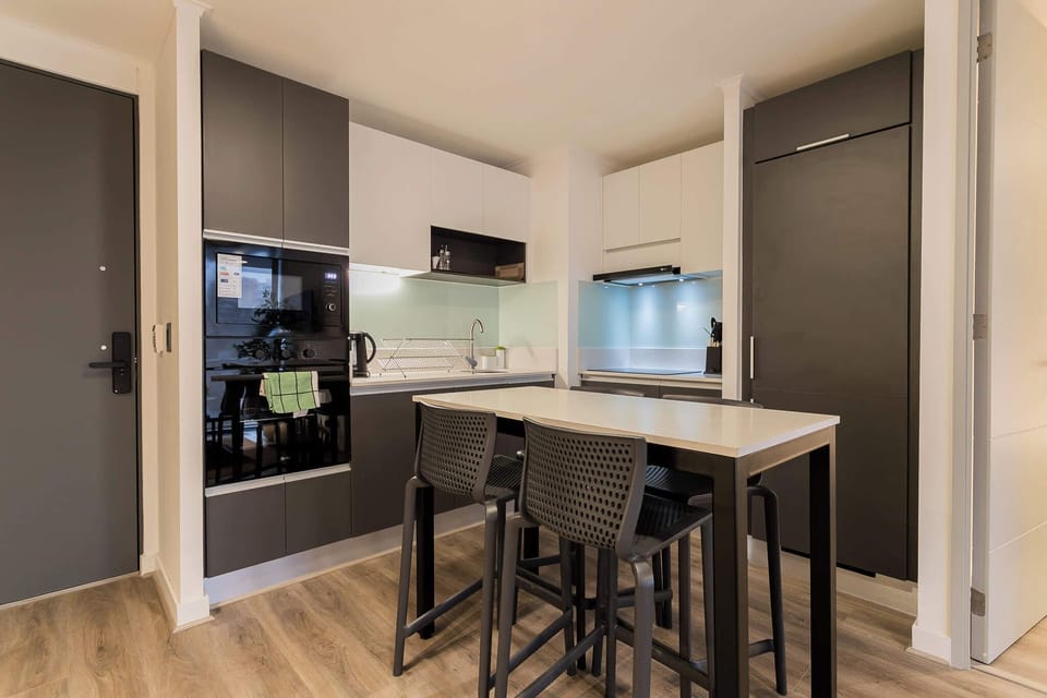 Stylish and modern kitchen with sleek design and integrated appliances, perfect for culinary enthusiasts.