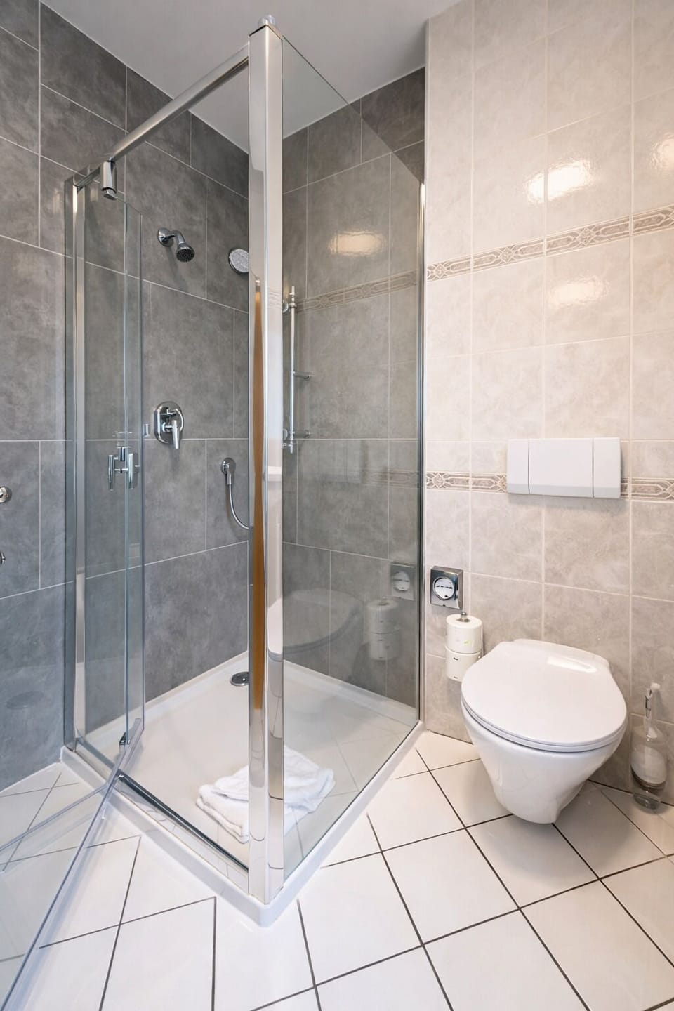 Hair dryer, towels, soap, shampoo