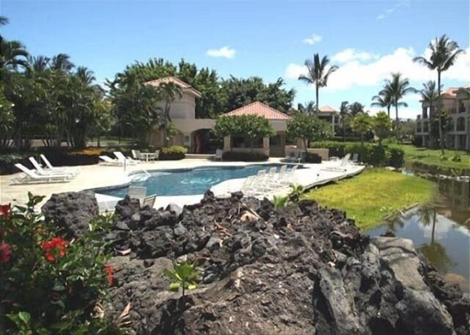 Dive into island bliss in this lagoon style pool surrounded by beautiful palms and lava rock.