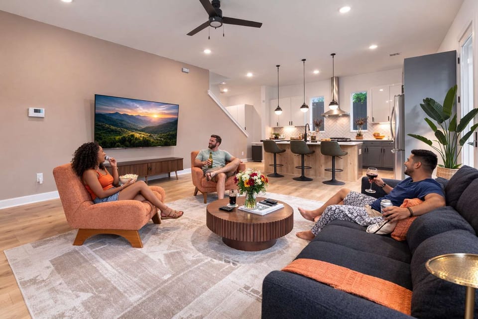 Living room with smart TV and open kitchen, perfect for relaxing.
