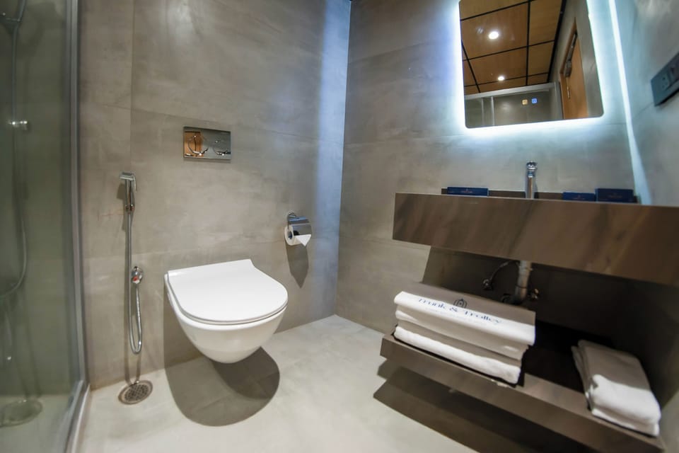 Shower, free toiletries, hair dryer, towels