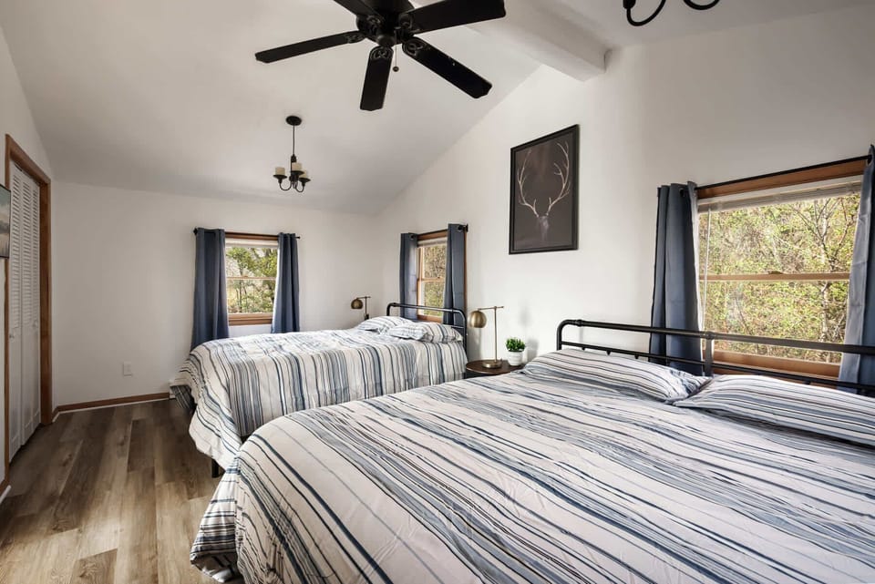 Bright bedroom with two striped beds and views of surrounding trees through multiple windows