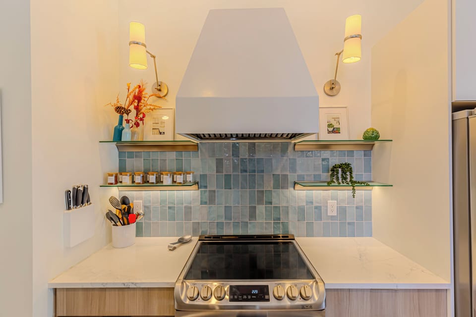 A bright and functional cooking hub featuring a brand-new stove.