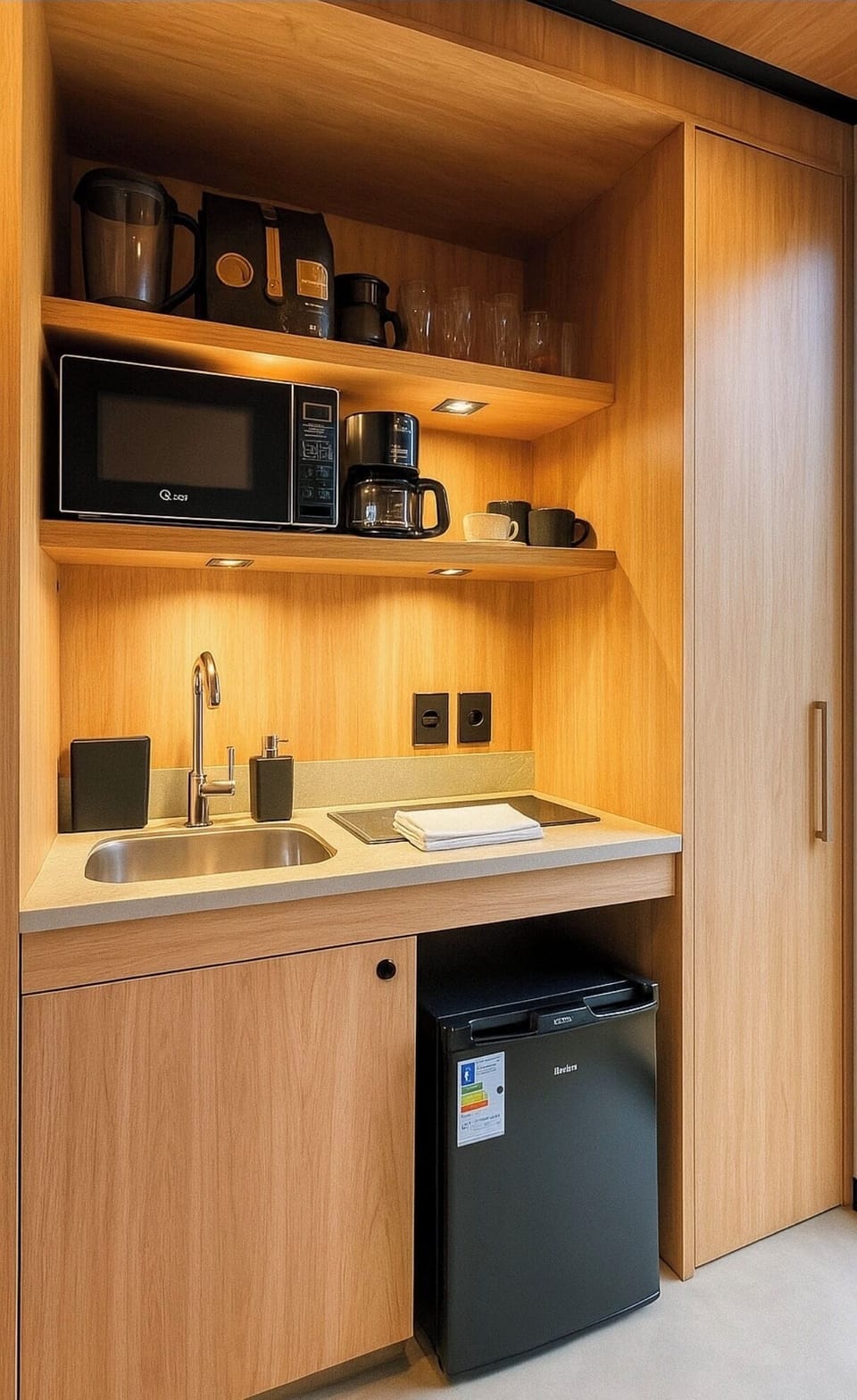 Mini-fridge, microwave, stovetop, espresso maker