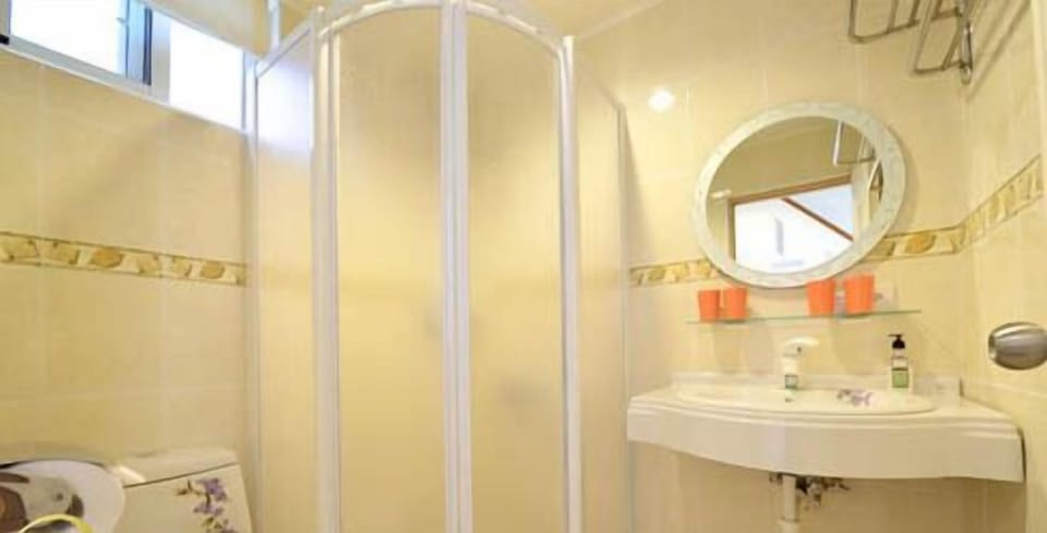 Shower, free toiletries, hair dryer, slippers