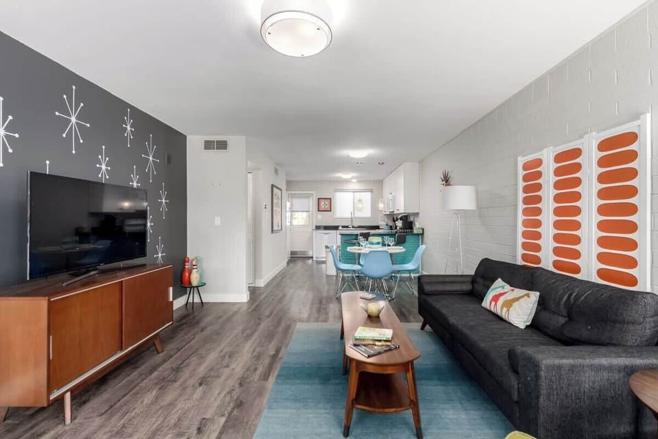 Cozy living room with smart TV and fast Wi-Fi.