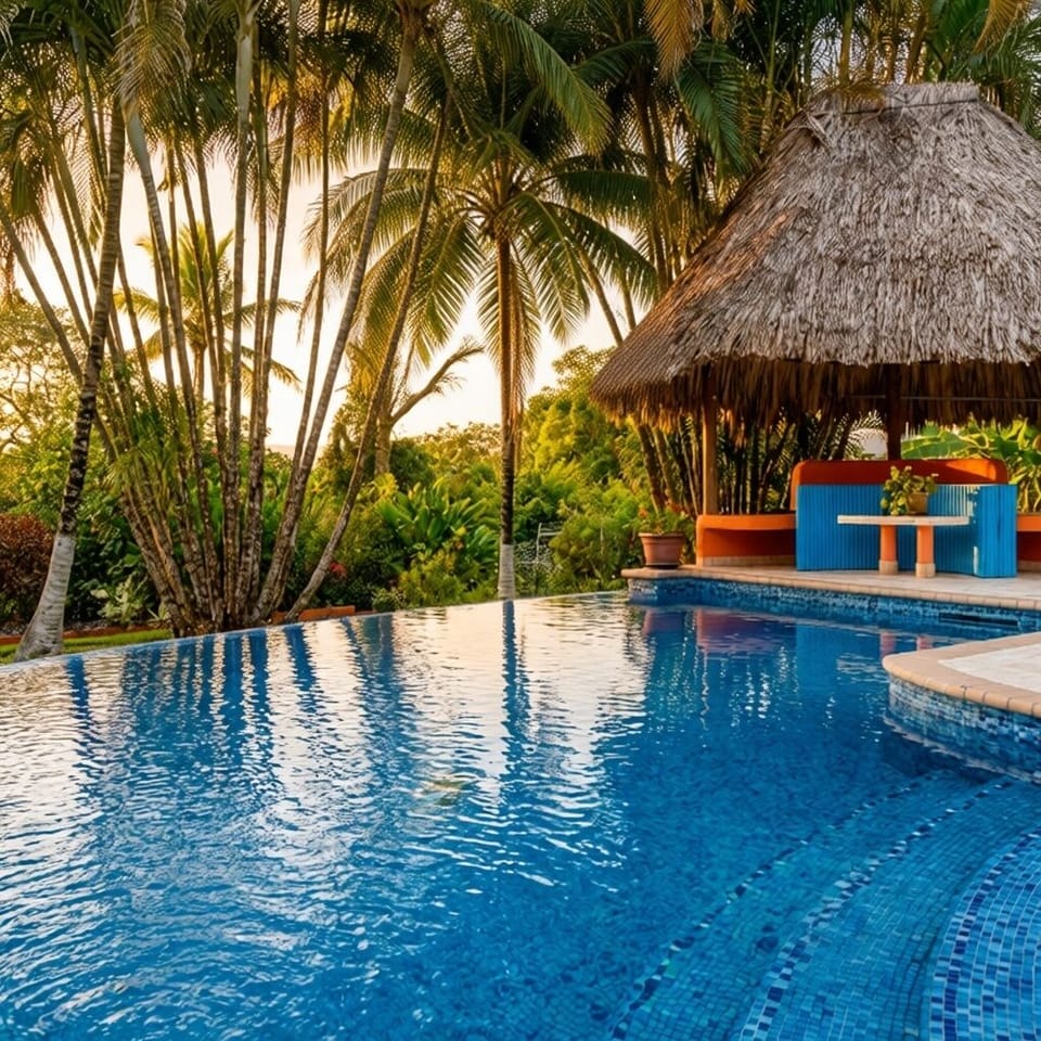 Private swimming pool set in a peaceful jungle environment, perfect for relaxing after exploring Cayo.