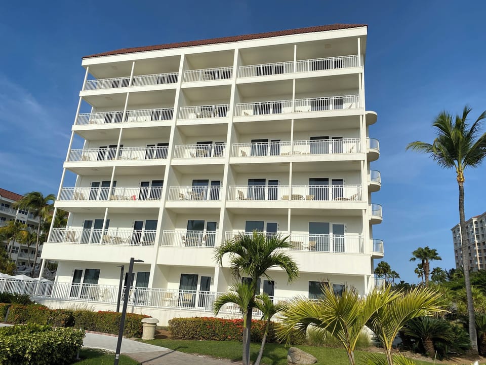 Ocean Front... 1-bedroom's have the two balconies on the left on each floor.
