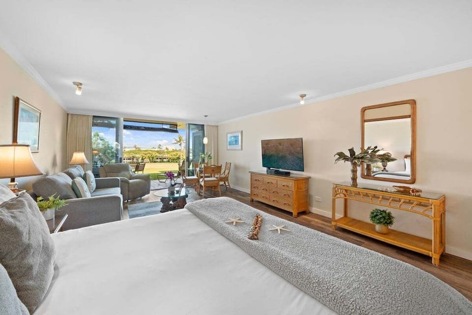Relax in this bright studio with a plush king bed and Smart streaming TV