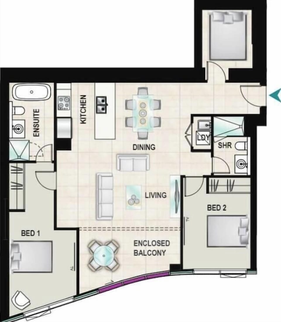 Third bedroom closer to the entrance was orignally a study hence it is small, Furniture on the floorplan is not actual