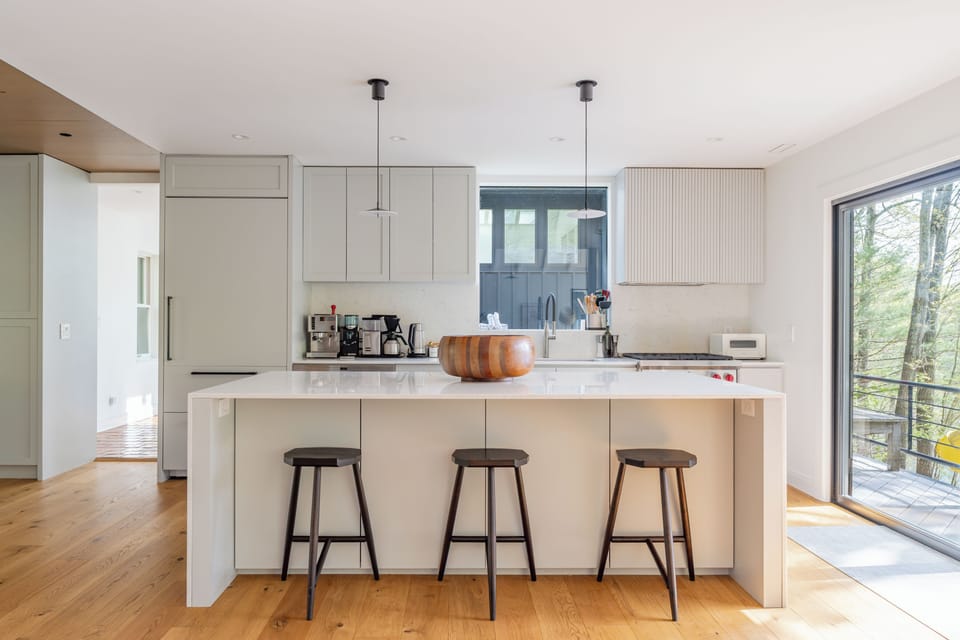 The chef's kitchen is filled with light.