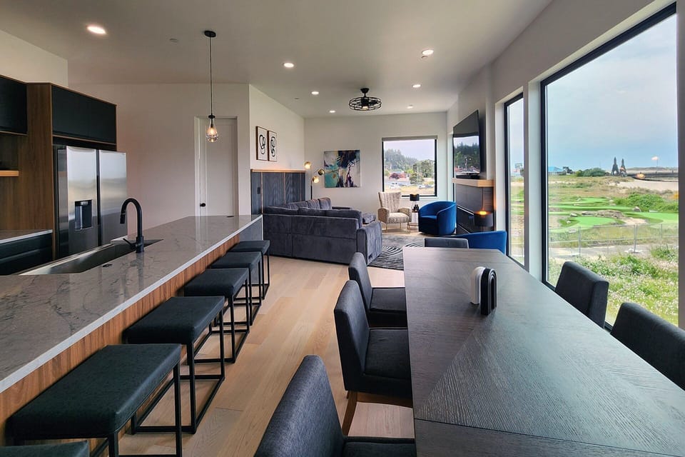 Large dining table and counter seating.