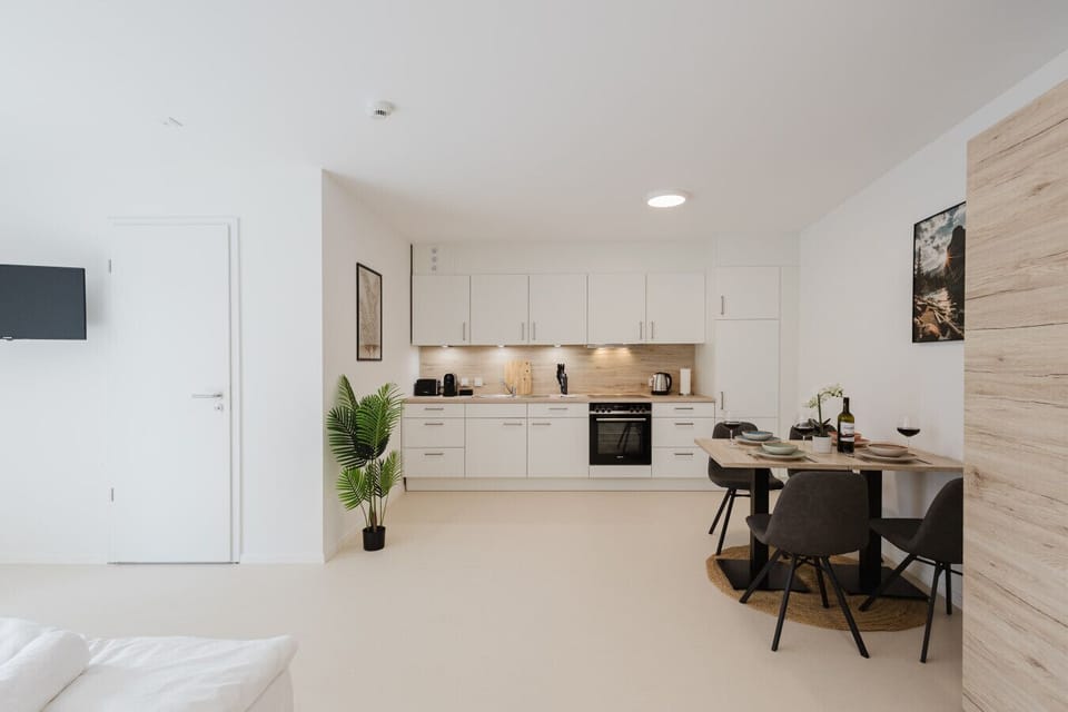 Spacious living and sleeping area with a modern TV.