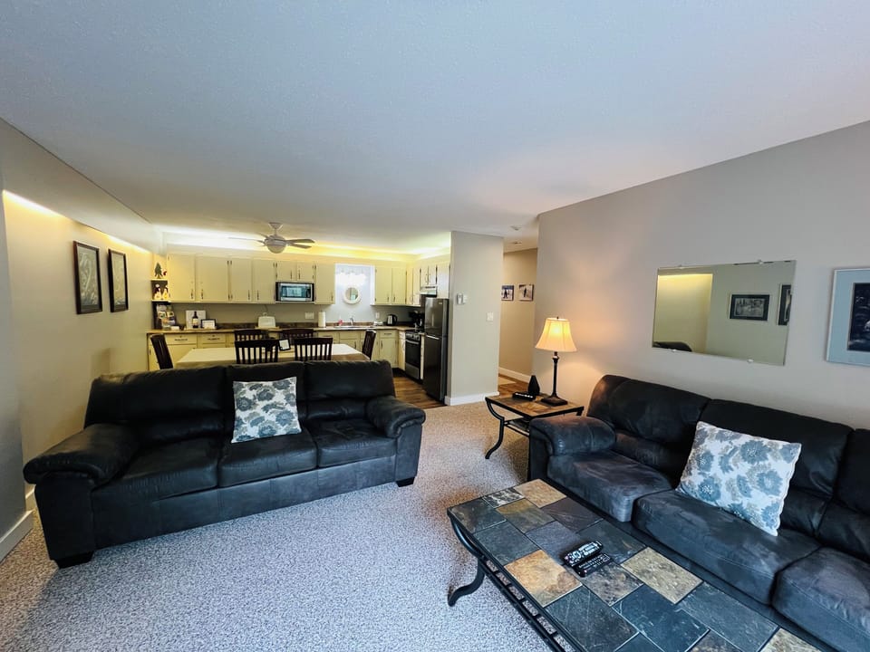 Renovated Open Plan Living. Gas Fireplace, mood lighting, comfy soft furnishings, Smart TV with Cable. Pull out sofa bed with good mattress. High Speed Wifi. Outside BBQ Deck with seating.