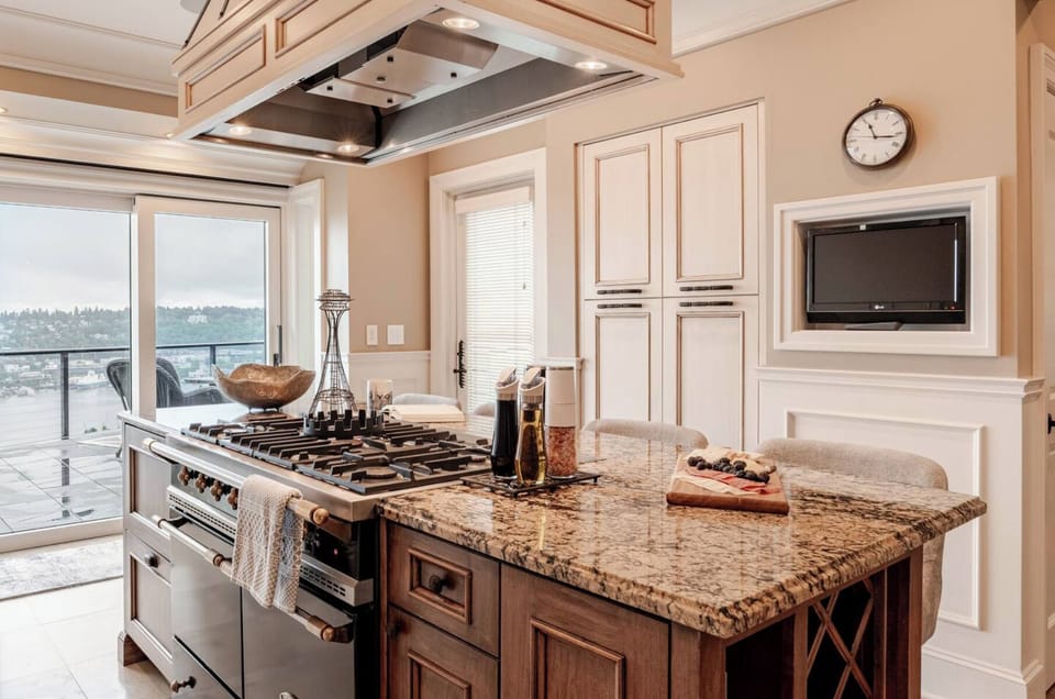 French Lacanche range with both a gas & electric oven.