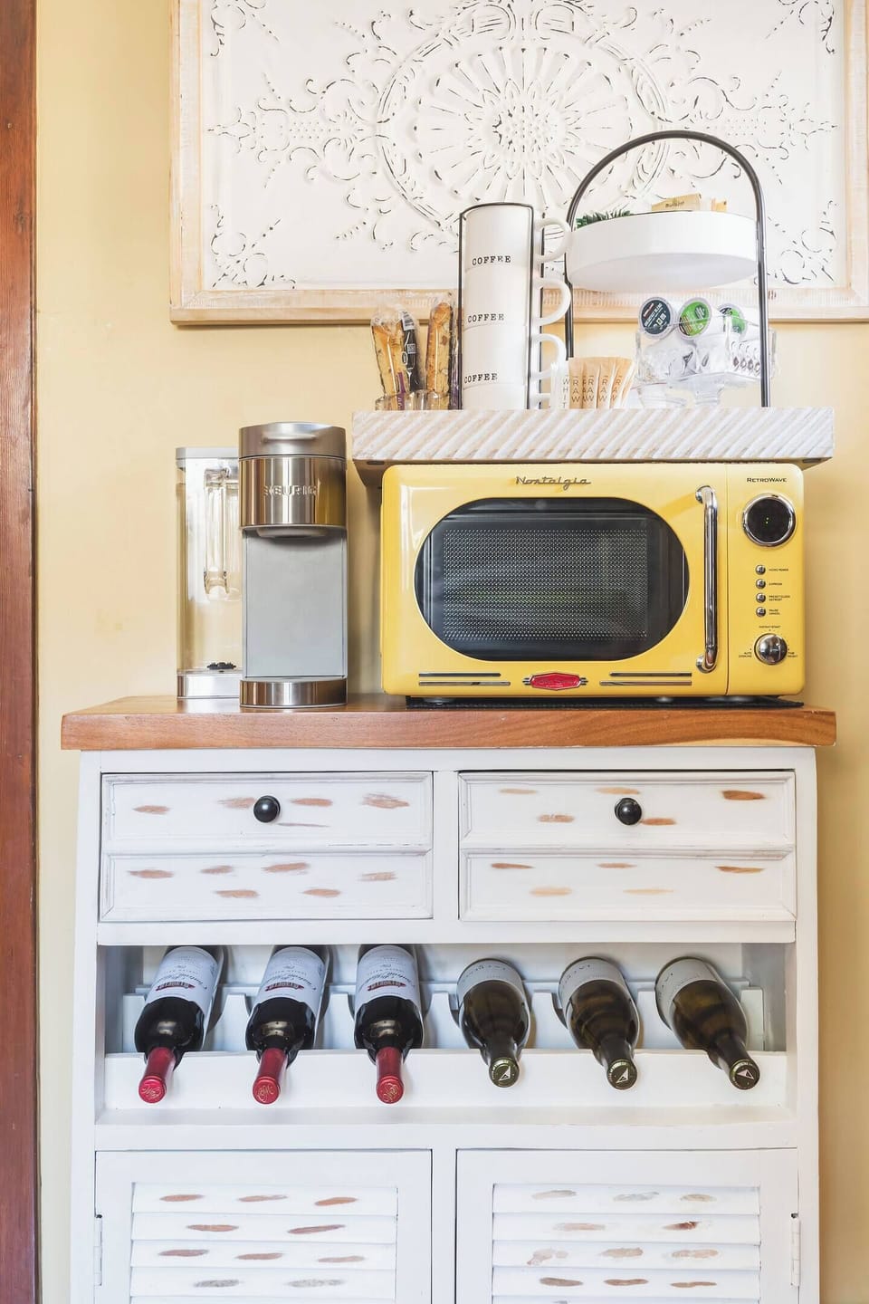 Coffee station with Keurig coffee maker.  K cups, creamer & sweetener options provided.