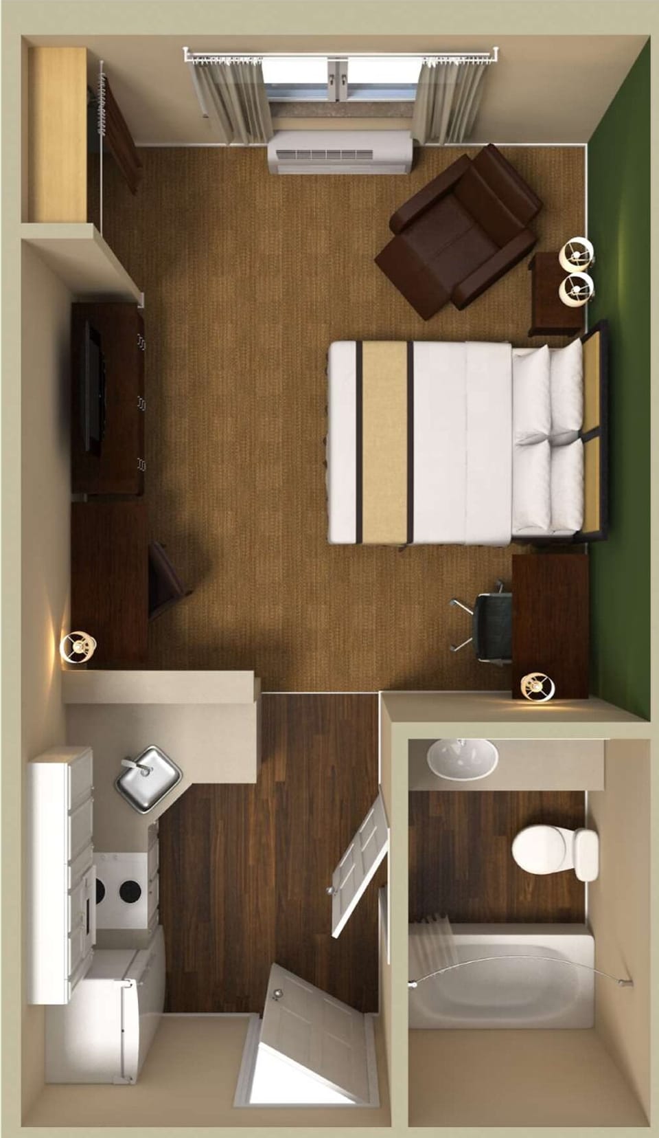 Desk, laptop workspace, blackout drapes, iron/ironing board