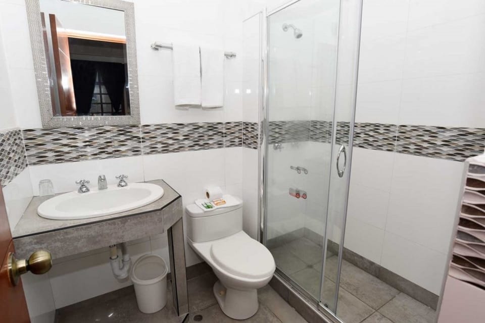 Shower, rainfall showerhead, hair dryer, towels