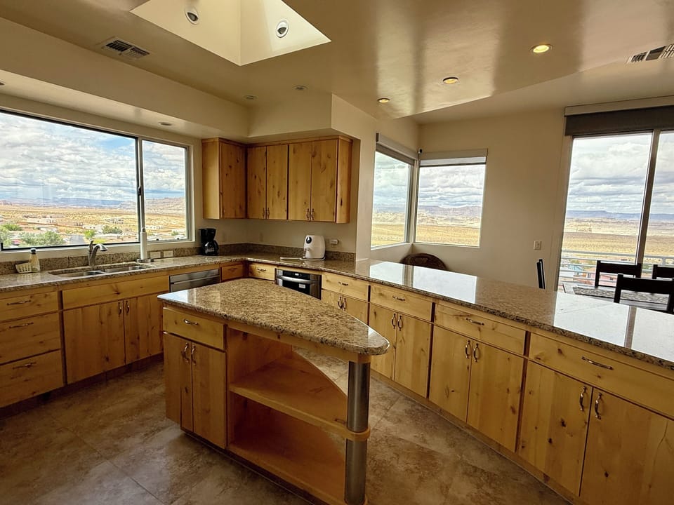 Large kitchen with mountain views