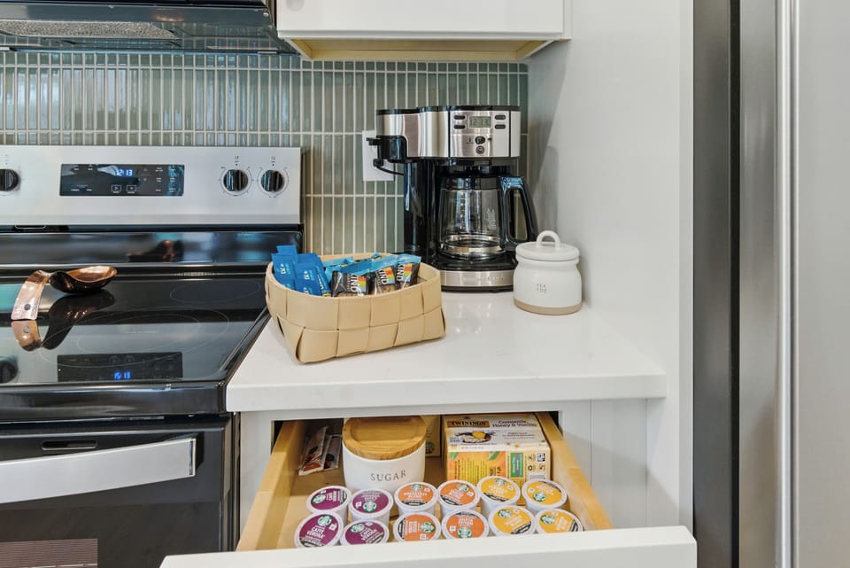 Fully stocked coffee station w/ sugars, teas and kcups or bring coffee for a pot