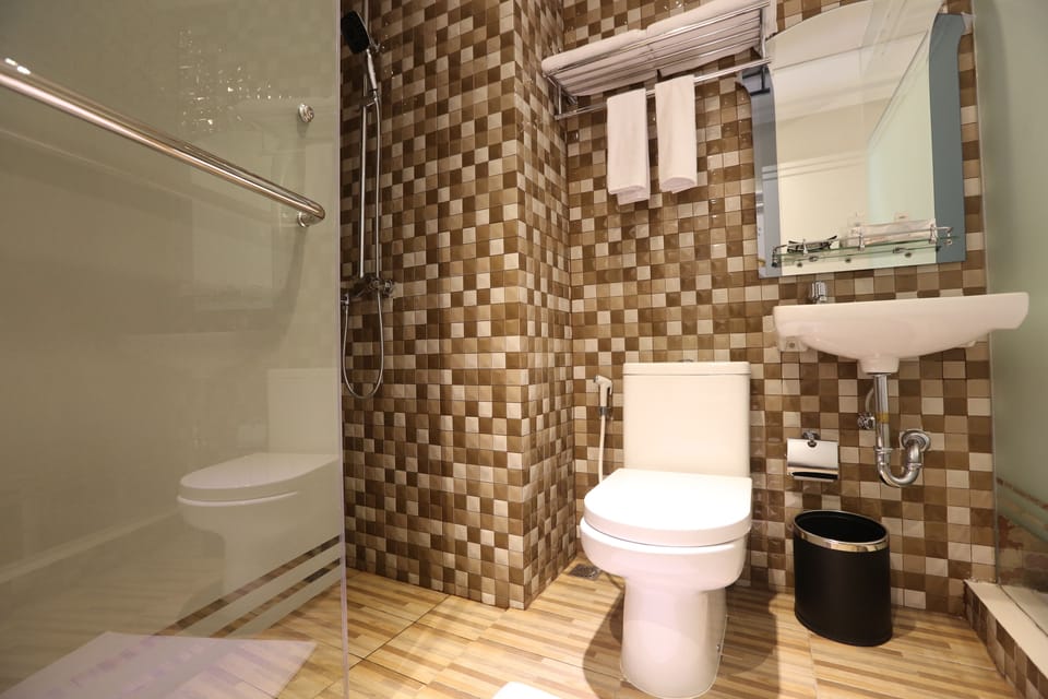 Shower, free toiletries, slippers, bidet
