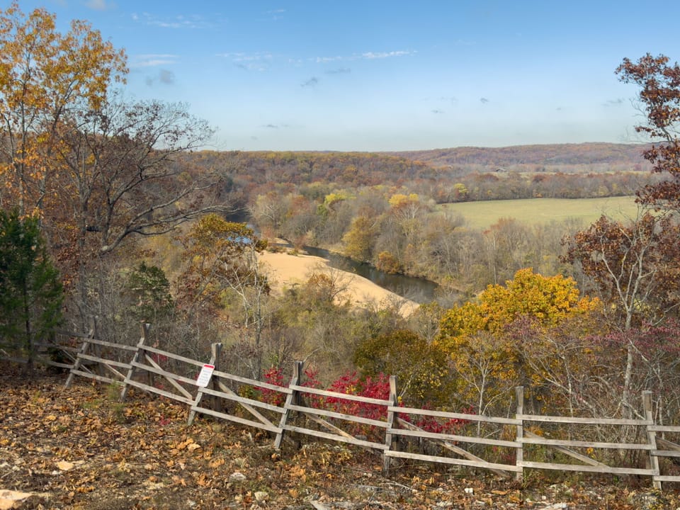 View from the back of cabin overlooking gravel bar and Meramec River