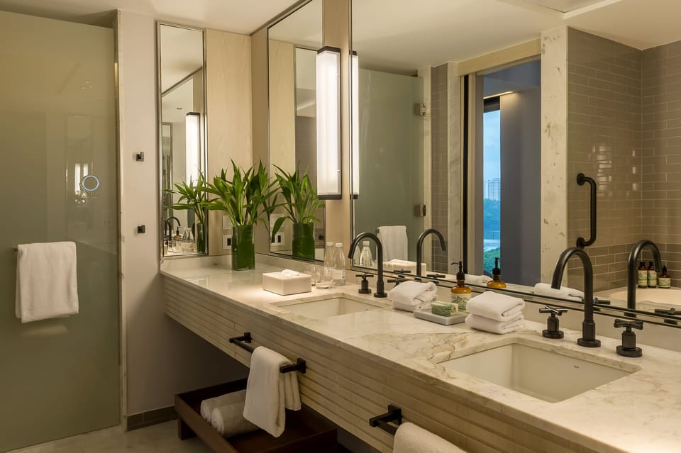 Designer toiletries, hair dryer, towels