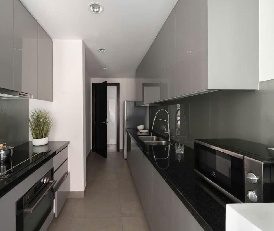 Design Apartment, 1 Bedroom, Balcony, City View | Private kitchen | Fridge, microwave, oven, stovetop
