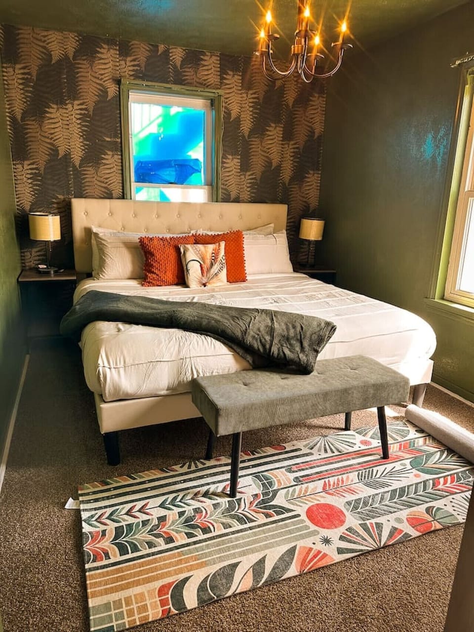 Cozy stylish bedroom with plush king bed