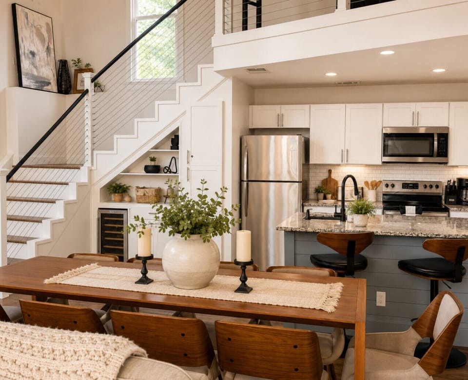 Stay in this modern luxury lakehouse featuring a spacious open-concept kitchen, stylish dining area, upscale amenities, and cozy interiors perfect for family vacations and group getaways.