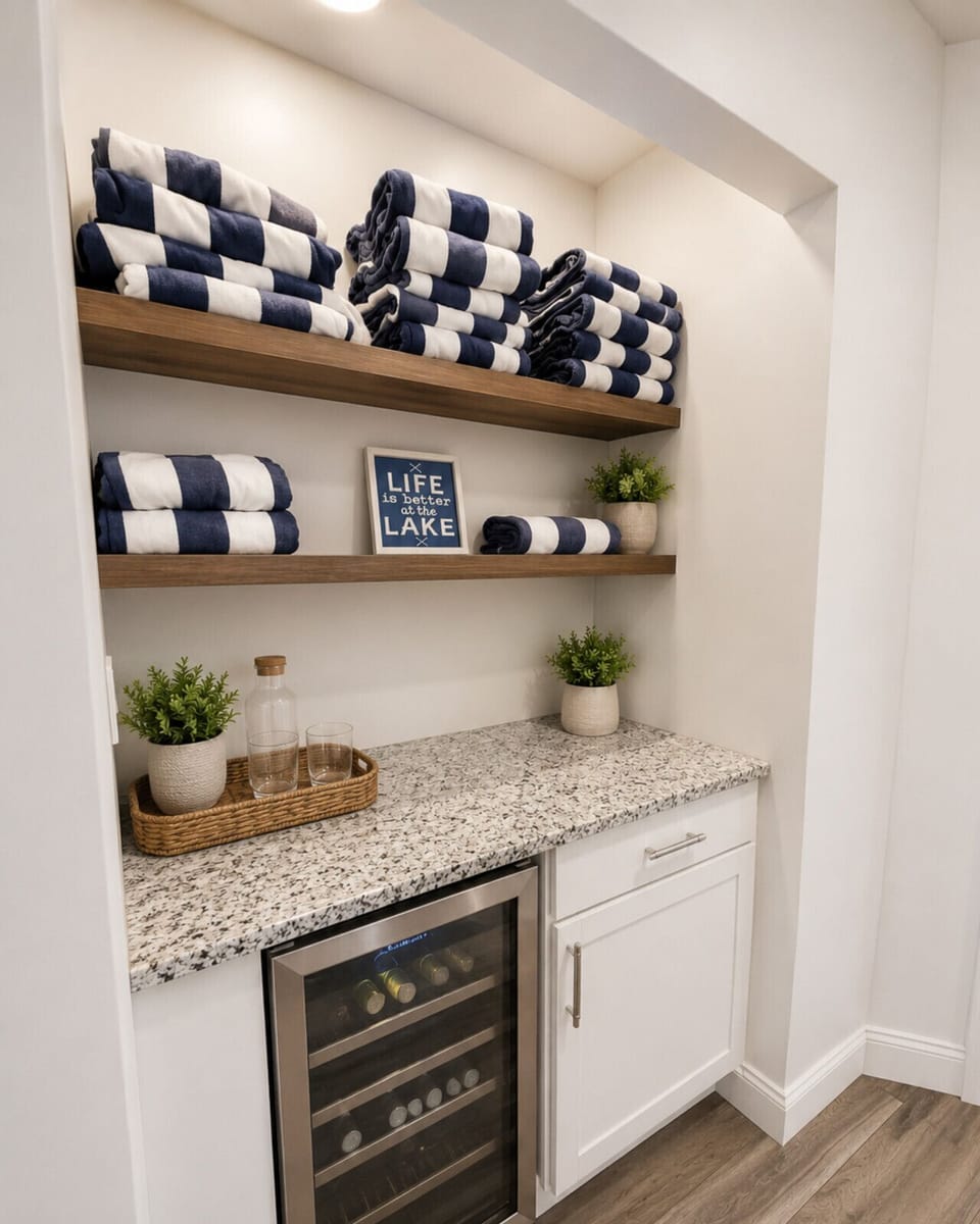 Enjoy resort-style lakehouse amenities with plush pool towels, elegant storage space, and a built-in wine cooler designed for the ultimate luxury waterfront getaway.