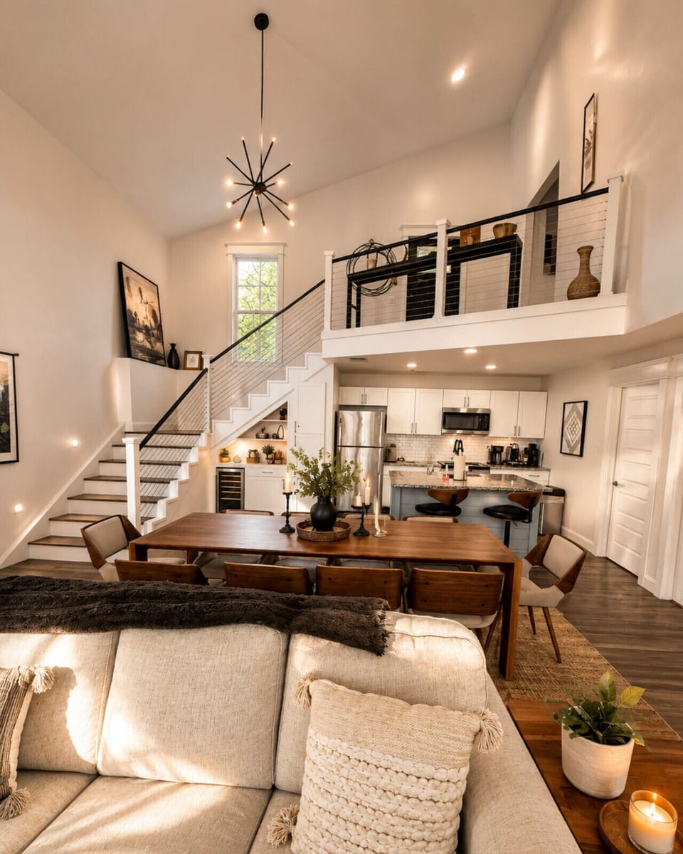 Experience modern lakehouse luxury with this spacious open-concept living area featuring soaring ceilings, stylish interiors, and upscale amenities perfect for family gatherings and relaxing getaways.