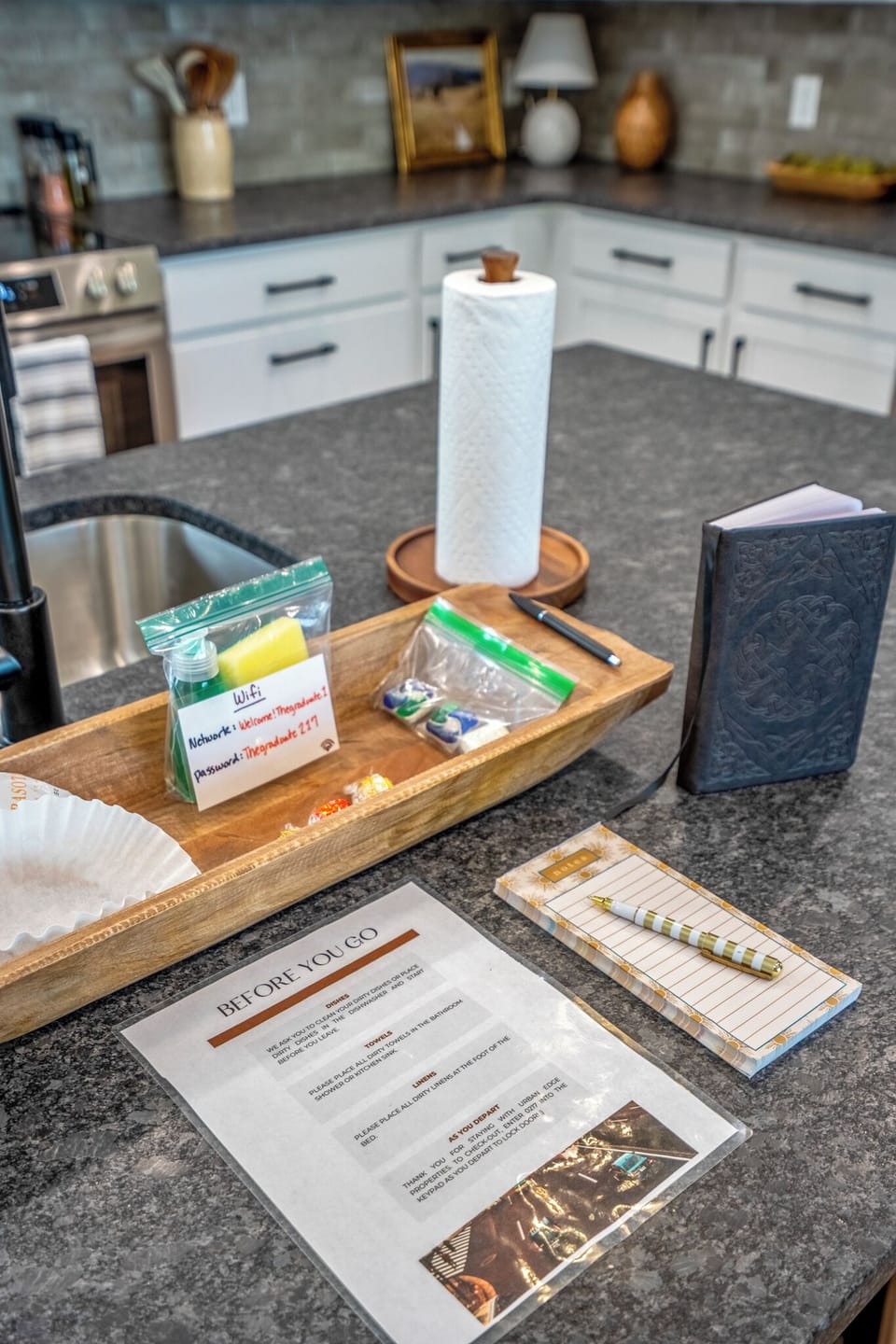 Enjoy a thoughtful welcome basket with coffee, chocolates, dishwasher pods, and helpful guide! 