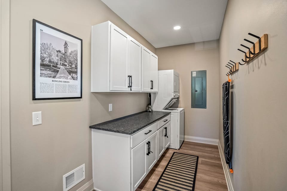 Washer and dryer available with complimentary laundry pods. Iron and ironing board provided. 