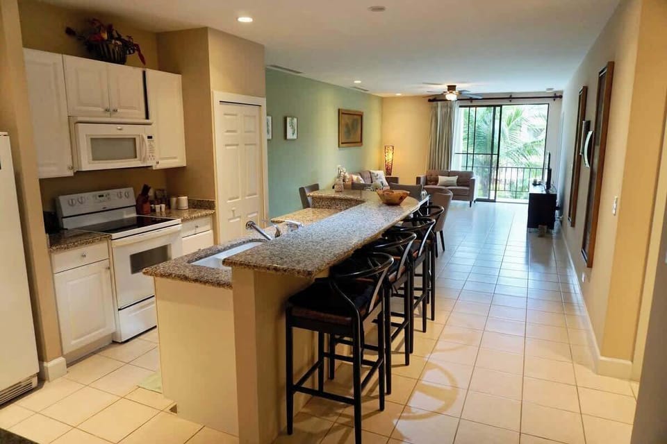 Kitchen, dining, living
